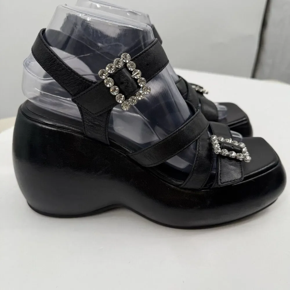 Free People Brooklyn US 7.5 Shoes Black Leather Ankle Strap Platform Sandals